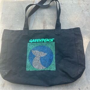 Vintage Greenpeace Whale Graphic Canvas Tote Bag 24x15 Black 90's RARE